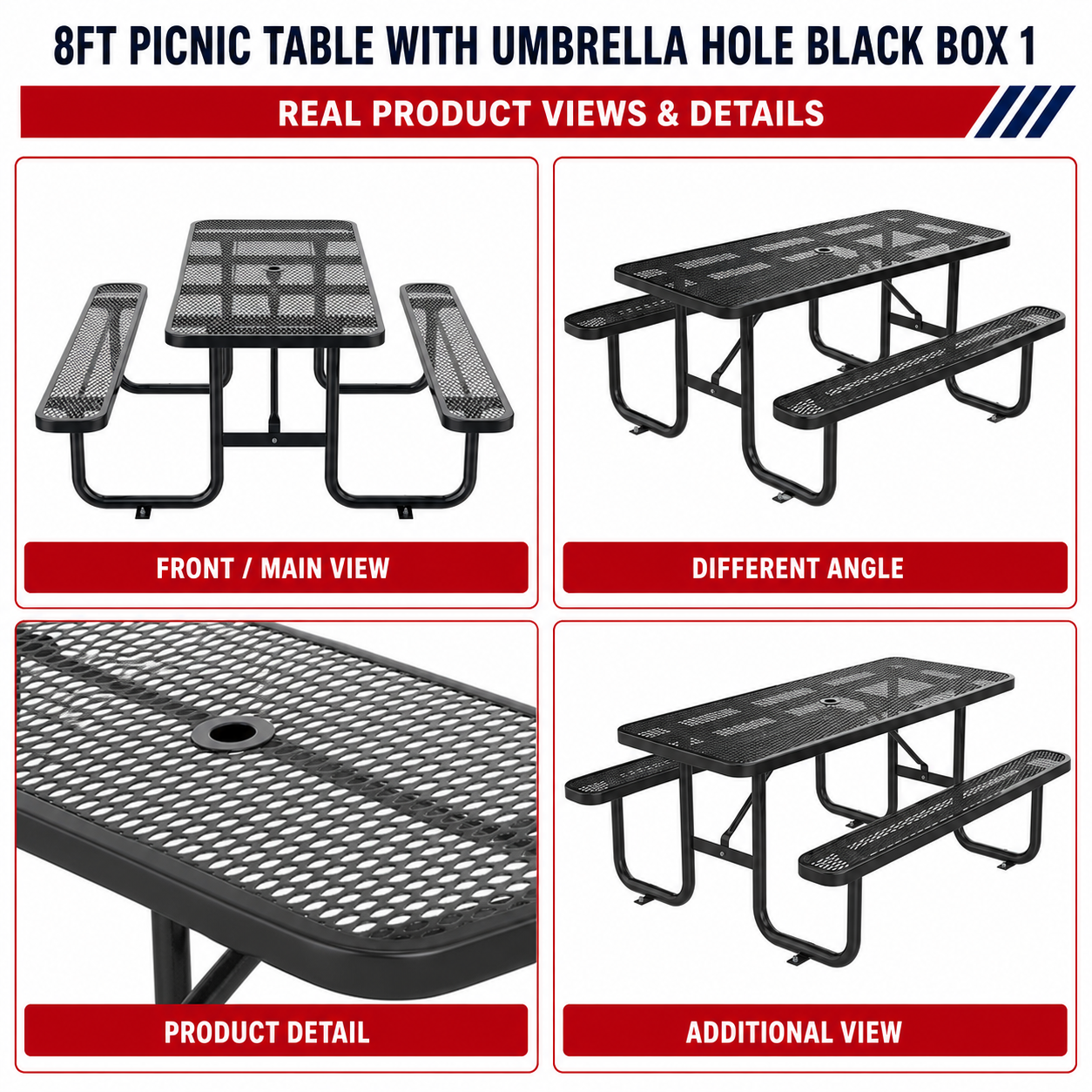Unused 8ft picnic table with umbrella hole Black box 1 (MSRP: $950)