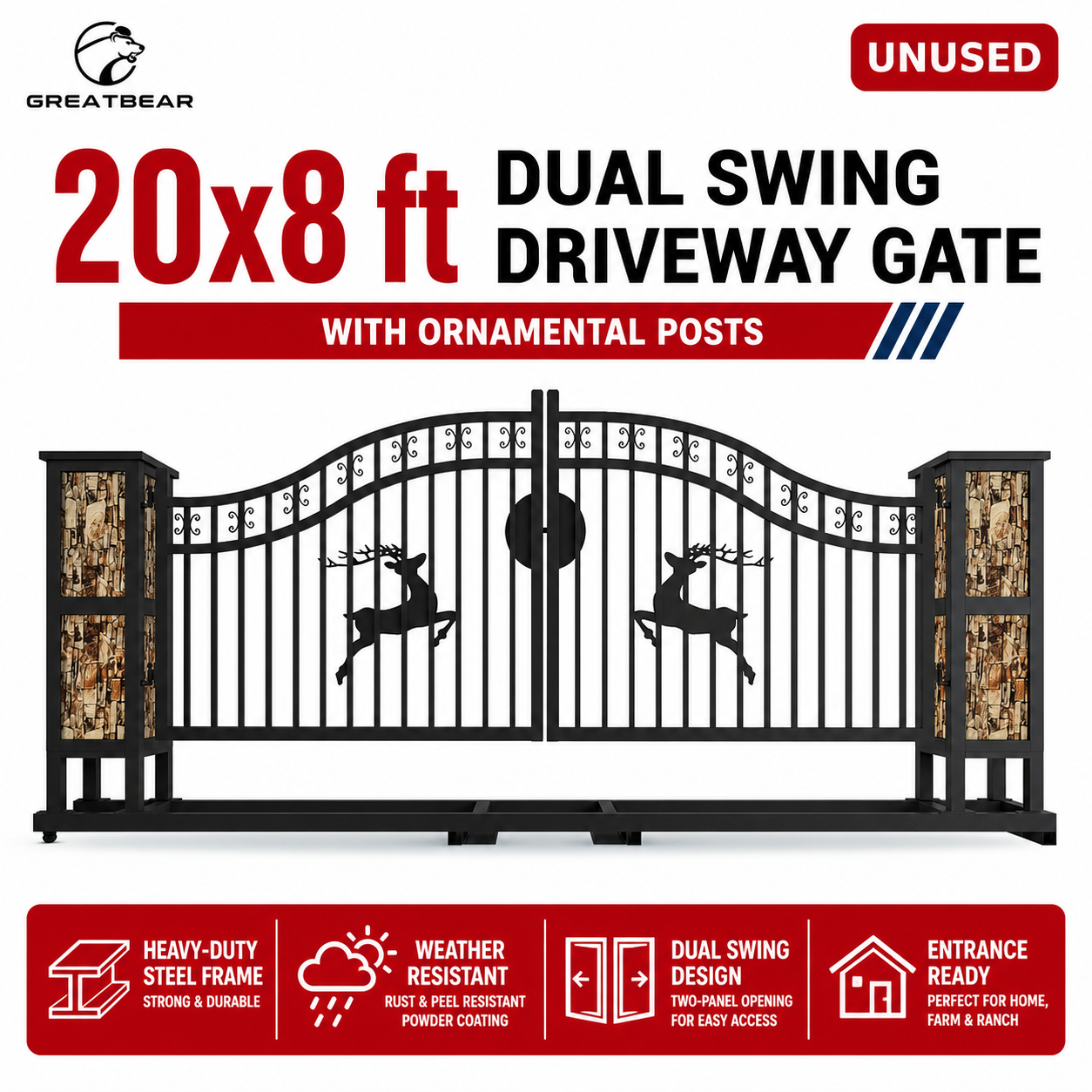 Unused Greatbear Iron gate 20' single arc hollow with Deer in the middle (MSRP: $3,199)