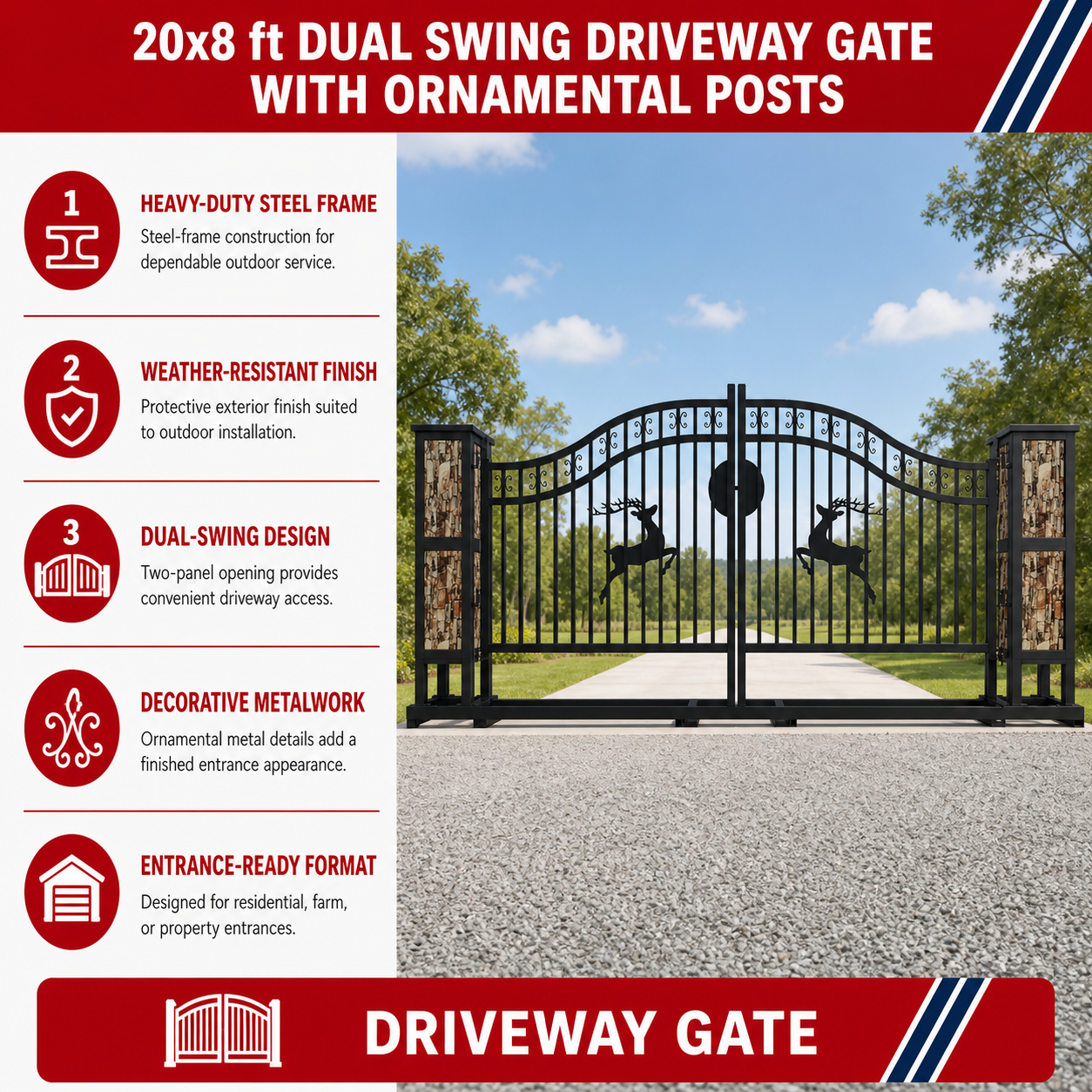 Unused Greatbear Iron gate 20' single arc hollow with Deer in the middle (MSRP: $3,199)