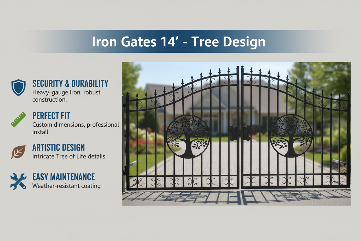 [AS-IS] 14ft Dual Swing Wrought Iron Gate, Tree Pattern