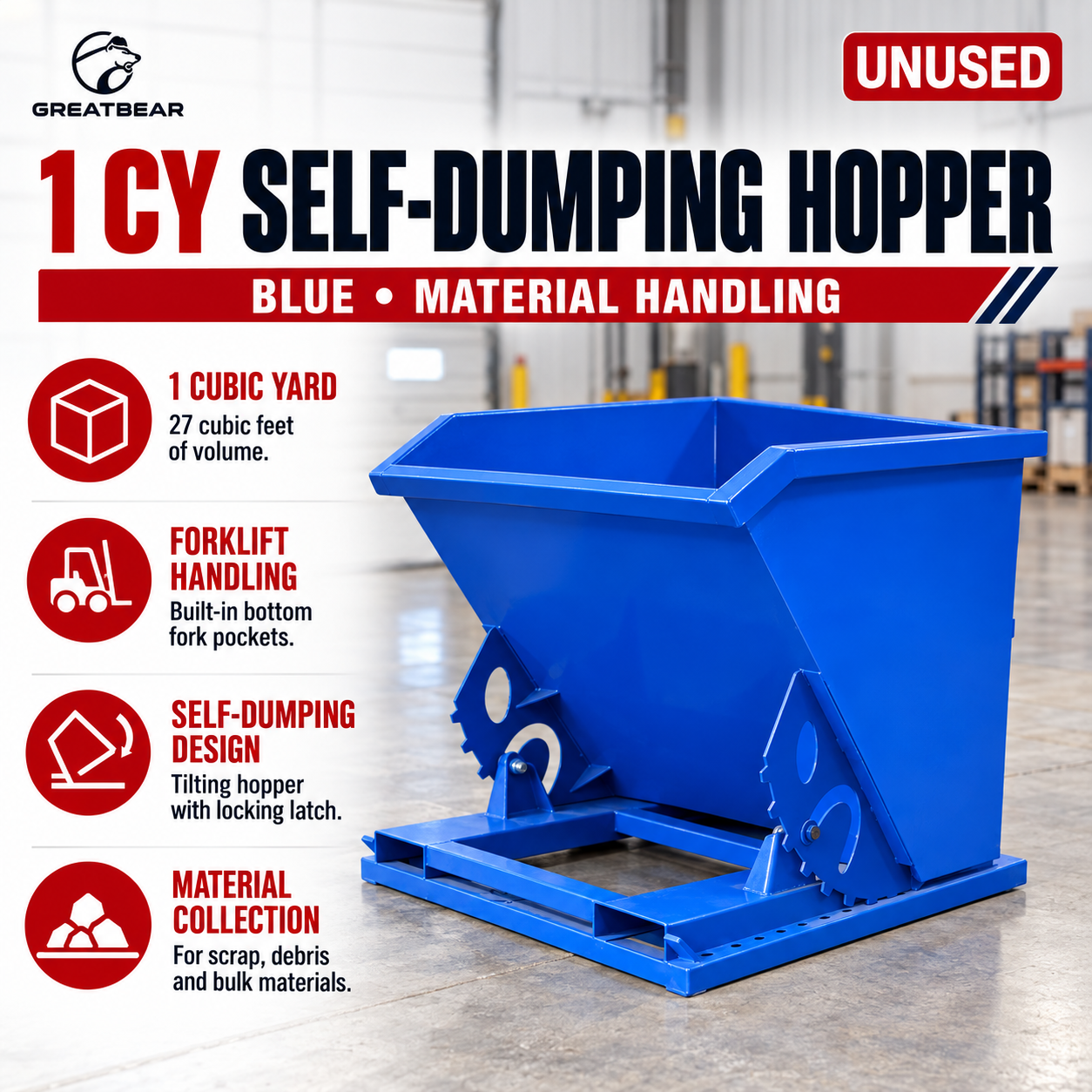 Unused Greatbear Self Dumping Hopper 1CY-Blue (MSRP: $1,999)