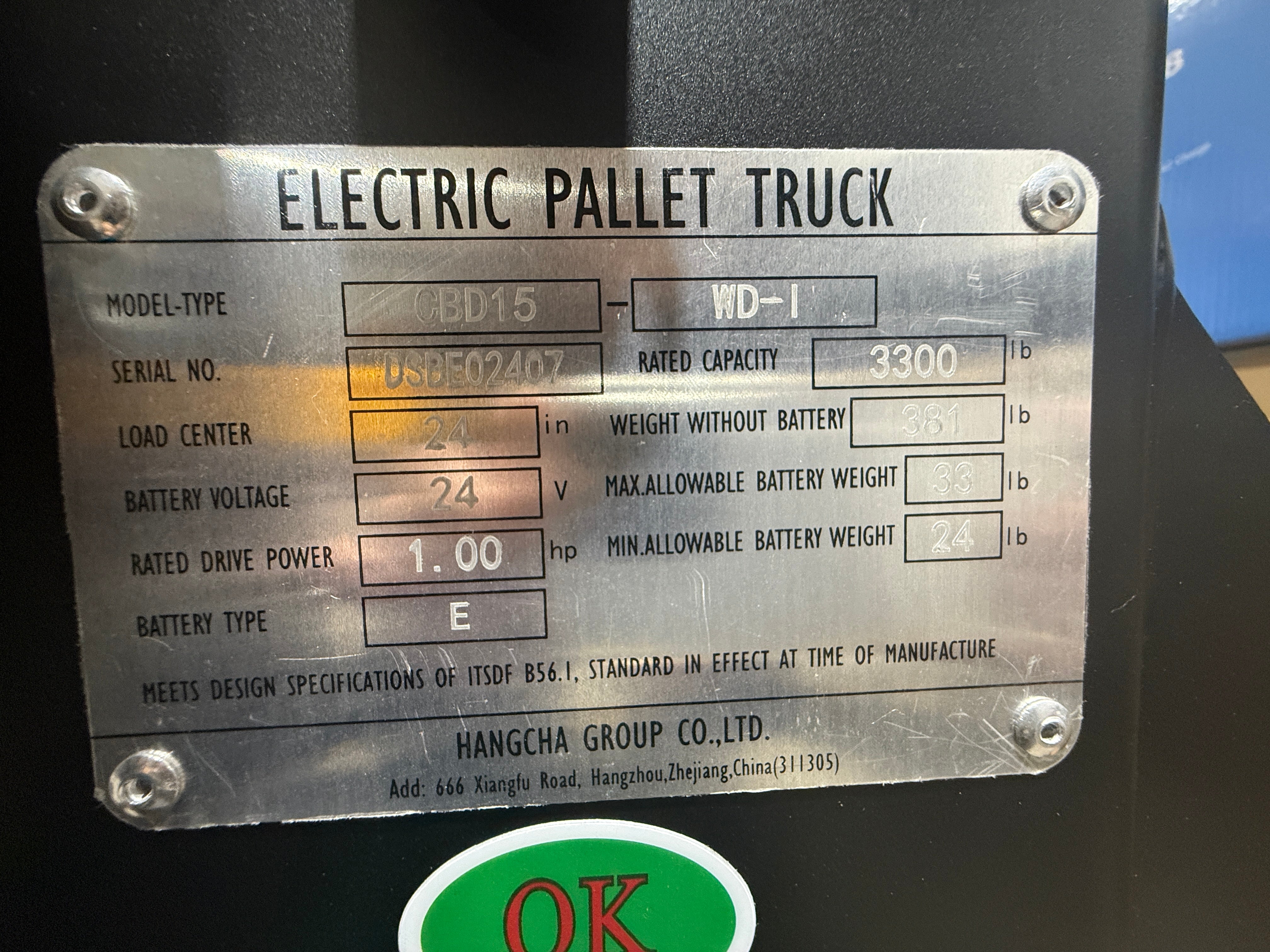 Unused Electric Jack Hangcha CBD15-WD-I