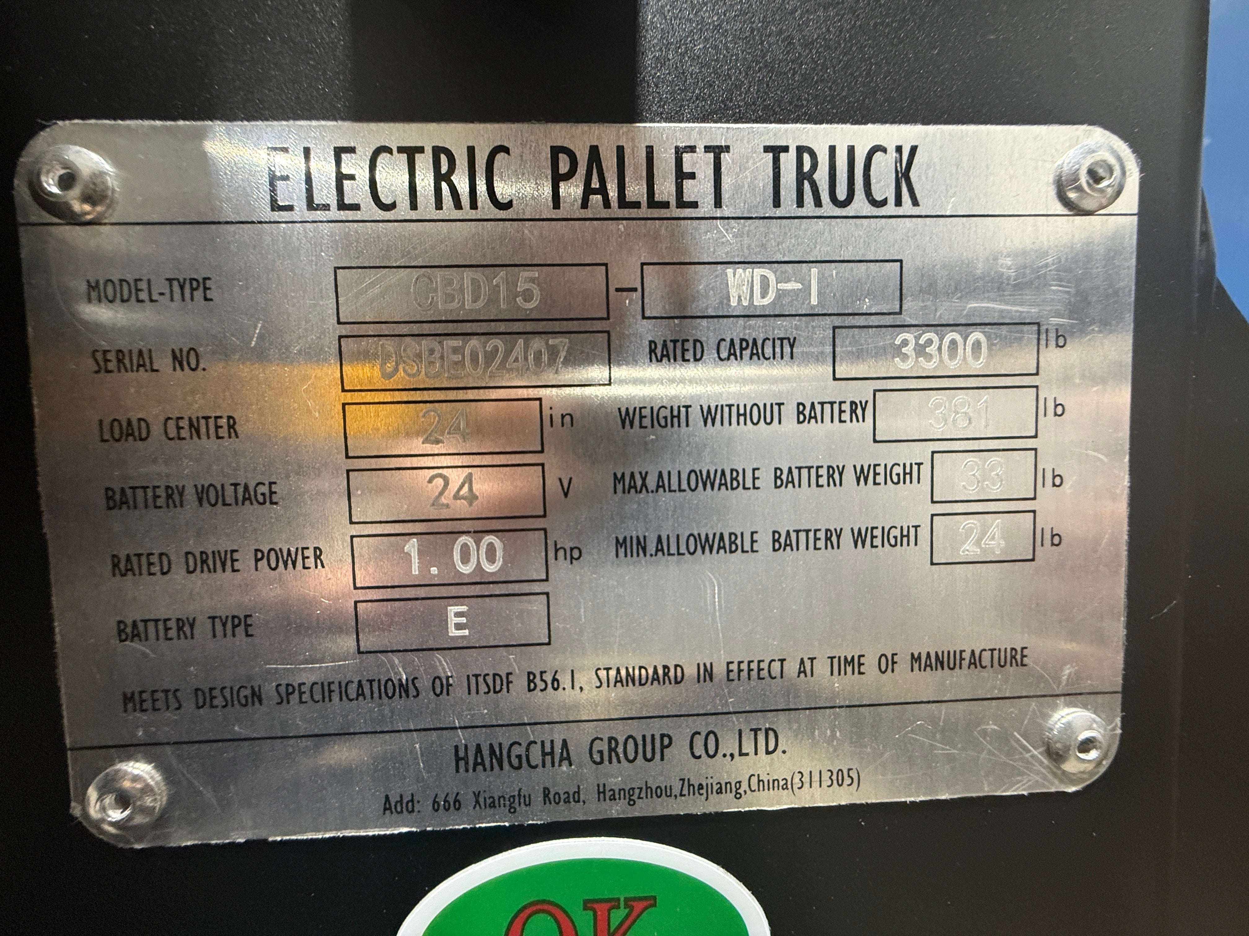 Unused Electric Jack Hangcha CBD15-WD-I