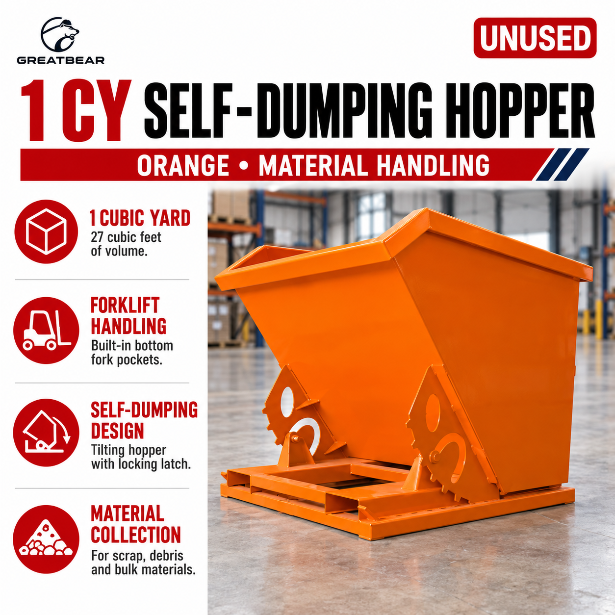 Unused Greatbear Self Dumping Hopper 1CY .-Orange (MSRP: $1,999)