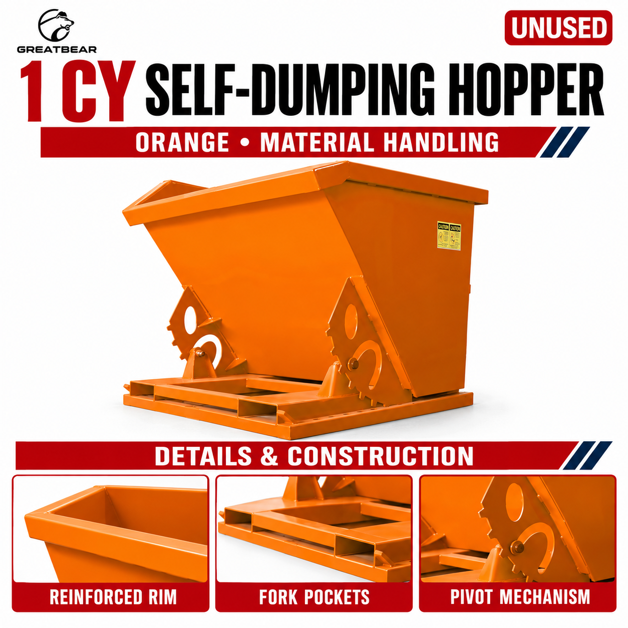 Unused Greatbear Self Dumping Hopper 1CY .-Orange (MSRP: $1,999)