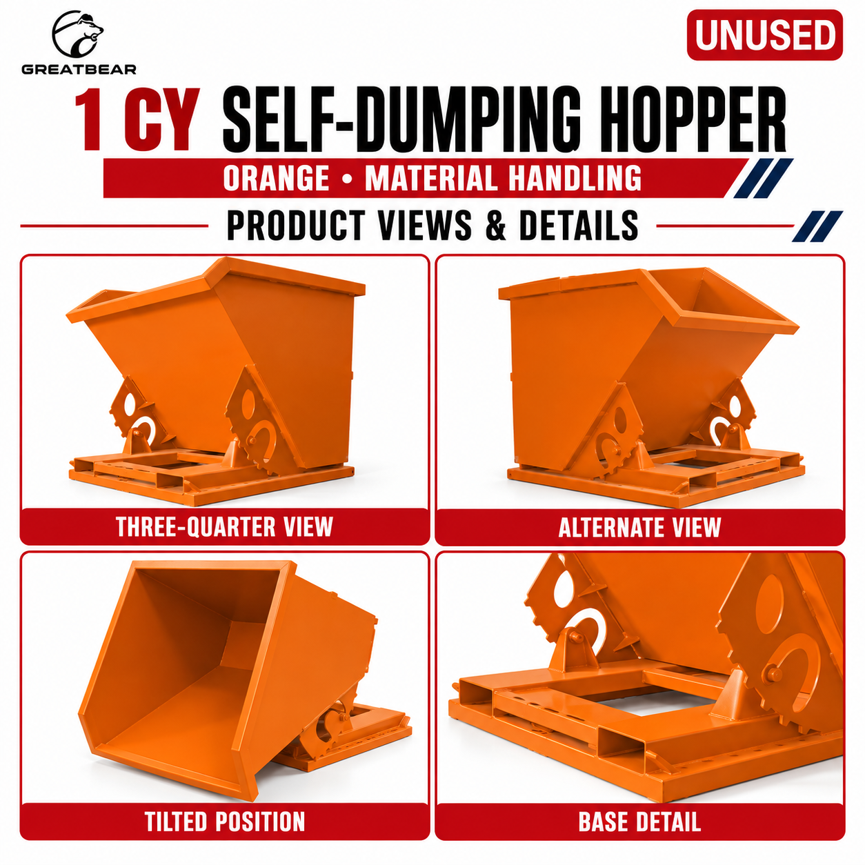 Unused Greatbear Self Dumping Hopper 1CY .-Orange (MSRP: $1,999)