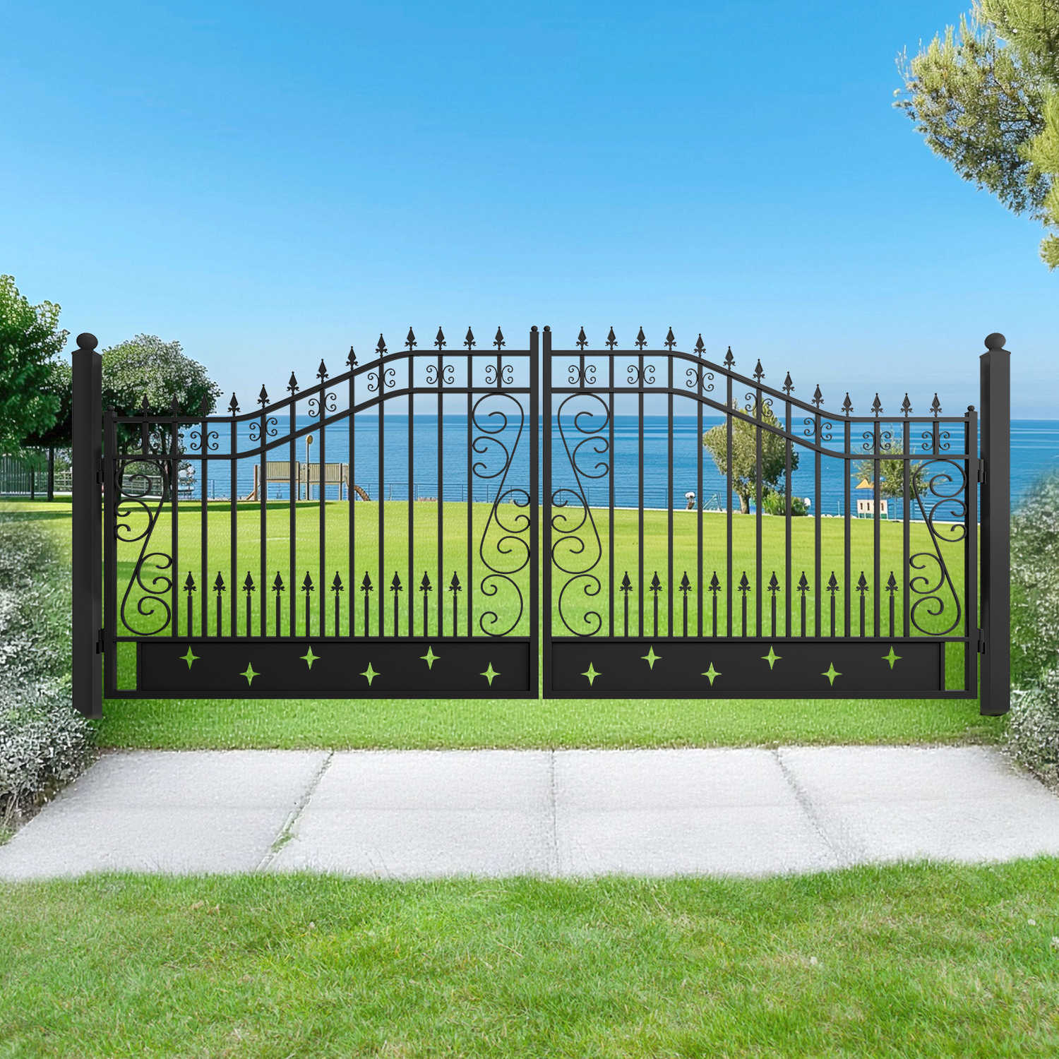 Star pattern driveway gate with posts