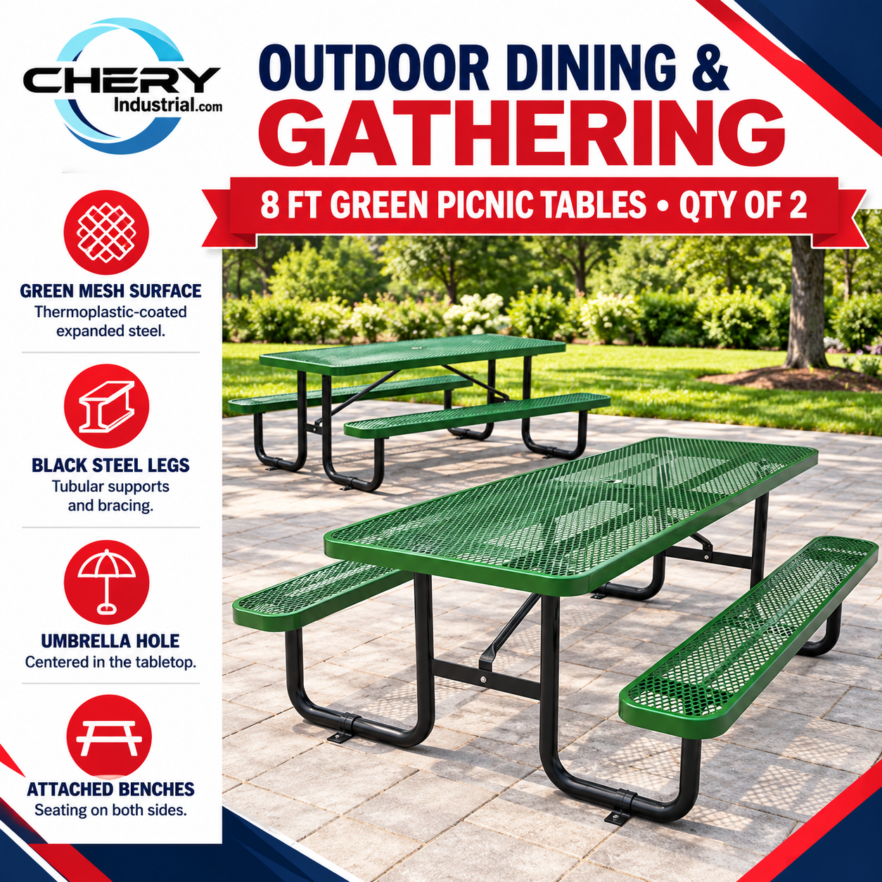 Qty of (2) Unused 8ft Rectangle Picnic Table With Umbrella Hole (MSRP $2198)