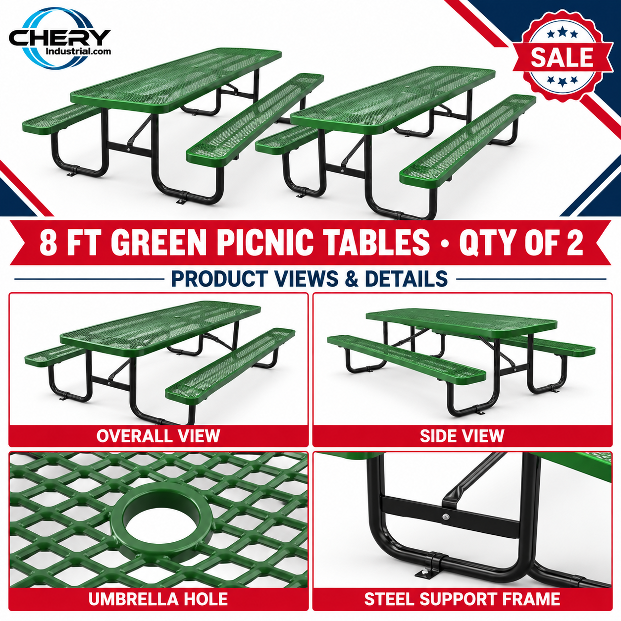 Qty of (2) Unused 8ft Rectangle Picnic Table With Umbrella Hole (MSRP $2198)