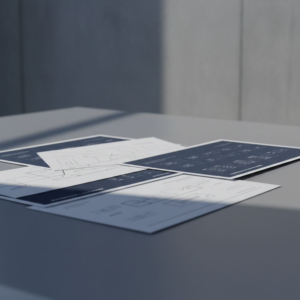 As-Is, Where-Is Sales（规则 / 边界感）

Prompt：

Square format, muted professional color palette, realistic lighting, minimal composition, cinematic depth, no text, no icons, no logos, suitable for white text overlay, modern industrial marketplace style.
Close-up of industrial paperwork and technical documents on a desk, soft shadows, neutral gray and deep blue tones, calm and authoritative atmosphere, realistic photography style, subtle texture, no people faces.