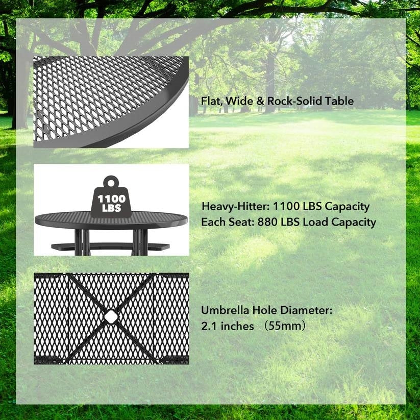Unused Expanded Metal Square Picnic Table with Umbrella Hole Black Box 1