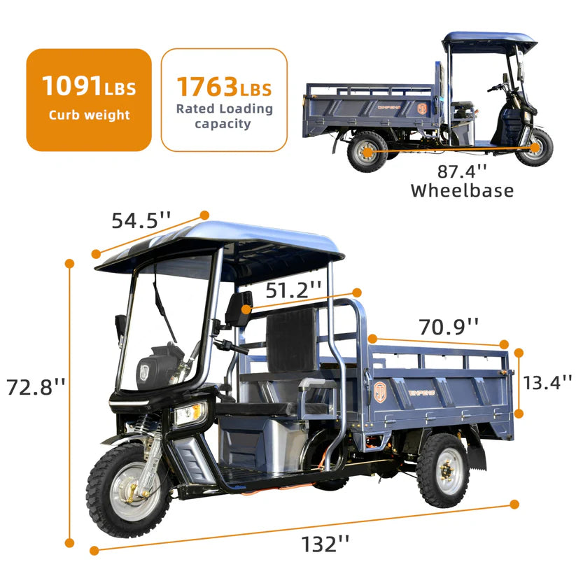 Unused Jinpeng 1500W Electric Cargo Tricycle Truck with Canopy (MSRP: $5,999)